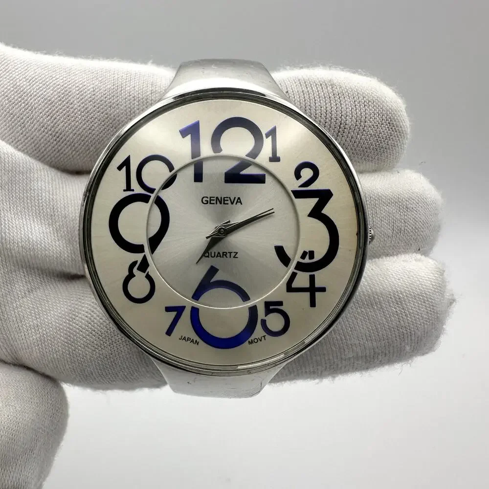 Geneva Quartz Cuff Watch Silver Tone Cream Dial Blue Numerals